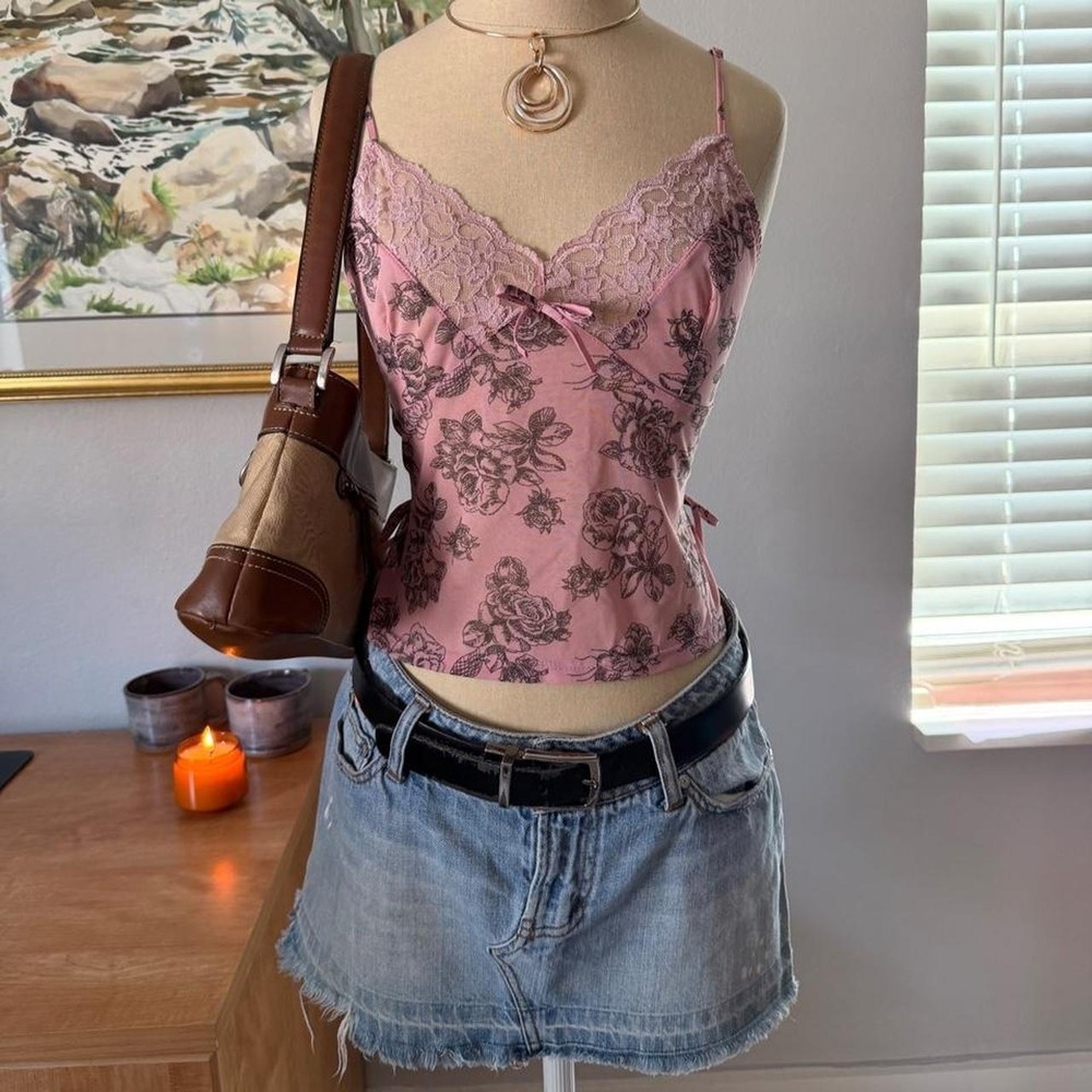 Donna Loren Gold Label Pink Floral Lace Trim Sheer Camisole Y2K Coquette Top S